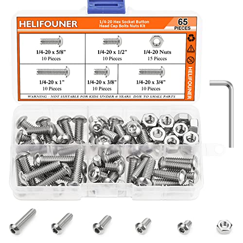 HELIFOUNER 65 Pieces 5 Sizes 304 Stainless Steel 1/4-20 x 3/8" 1/2" 5/8" 3/4" 1" UNC Thread Button Head Socket Cap Screws Bolts Kit - size: 1/4-20, style: Button Head