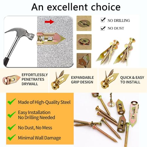 170Pcs Self Drilling Drywall Anchors and Screws Kit,160 Zinc Plated Steel Expansion Screws and 10 Hook Screws.Wall Anchors for Drywall, Wall,Mounting Mirror,Picture Frames