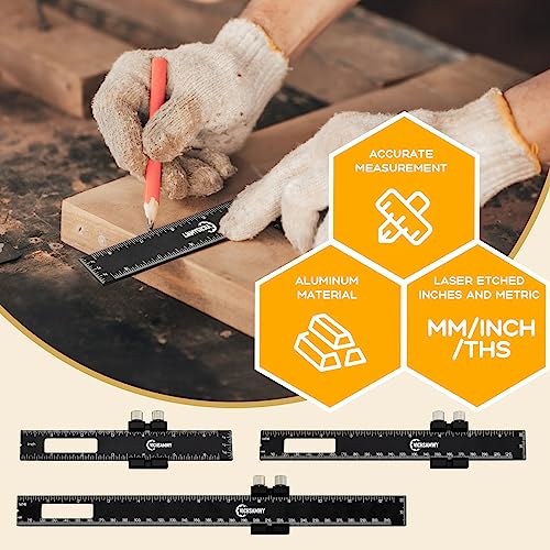 3PCS Black Metal Woodworking Ruler, Adjustable 6/8/12 Inch Precision Pocket Slide Ruler,Inch and Metric Measuring Ruler for Woodworker (Black) - color: Black
