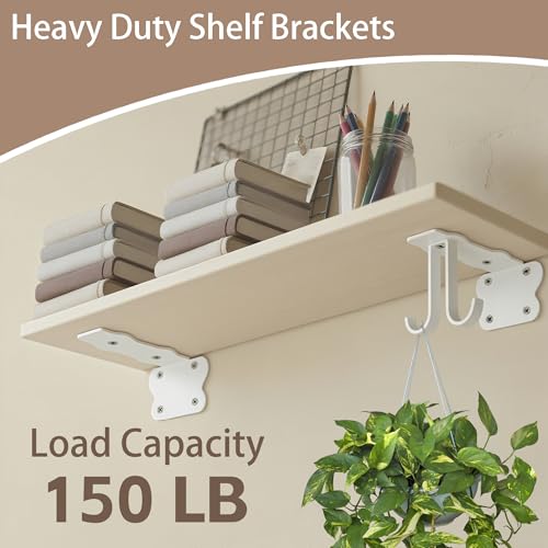 SOGAL 5 Inch Shelf Brackets with 4 Hooks, White Floating Shelf Bracket Invisible Supports 4 Pack - color: White, size: 5 Inch