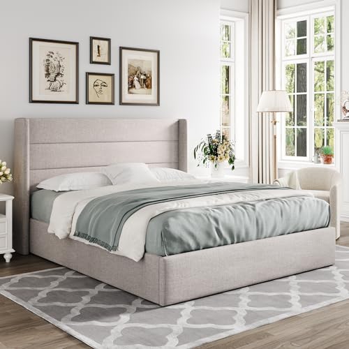 Allewie Full Size Lift Up Hydraulic Storage Bed Frame Light Beige - color: Beige, size: Full, style: Modern
