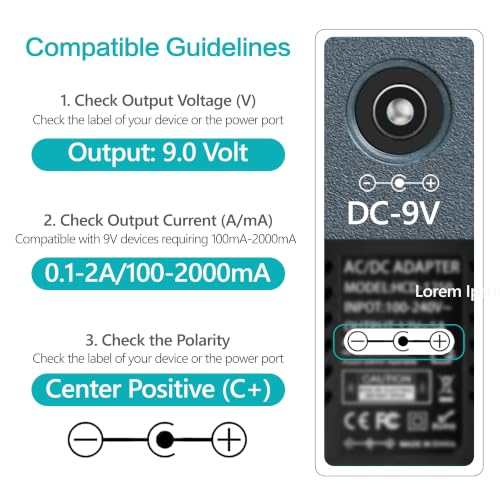 9V 2A Power Supply AC Adapter DC 2 Amps for 100mA-2000mA 9 Volt Electronics