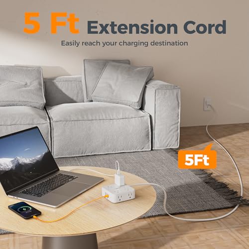TESSAN Surge Protector Power Strip with 900J Surge Protection, 5 Ft, White - color: White with 1 USB C, size: 5 feet