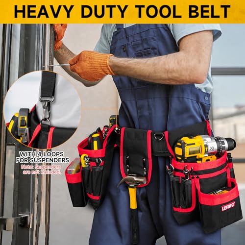 Tool Belt with 4 D-Rings,27-Pockets Tool Belts for Men,Construction - color: Red & Black, size: 27 Pockets with Magnet Pouch