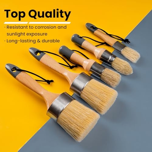 Chalk Paint Brush, Wax Paint Brush Set of 5, Natural Bristle | Chalk Paint for Furniture, DIY Home Decor and Art Crafts, Round Oval Paint Brush for Painting and Waxing, Wooden Handles - size: 1 Large + 1 Medium + 3 Small, 5 Pack