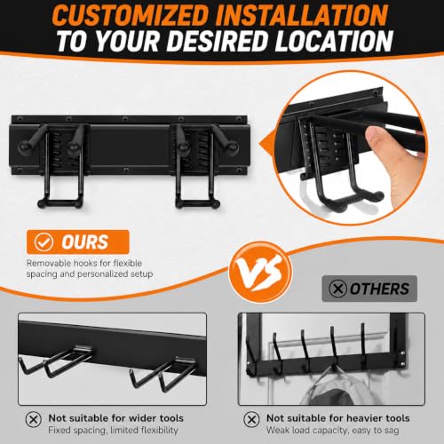 Garage Tool Organizer Wall Mount, Heavy Duty 48 Inch Garage Storage System with Adjustable Hooks, Garden Tool Rack for Shovel Rake Broom Snowboard Shed Organization - size: 48" Alloy Steel