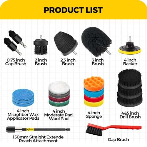 Holikme 22Pack Drill Brush Attachments Set, Scrub Pads & Sponge, Buffing Pads, Power Scrubber Brush, Car Polishing Pad Kit,Wax Applicator Pad,Car Cleaning Kit，Cleaning Supplies，Masonry Brushes,Black - color: Black
