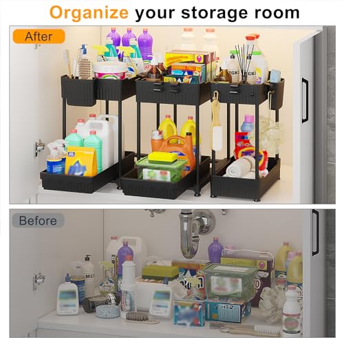 Sevenblue 3-Pack 2-Tier Under Sink Organizers with Sliding Drawers - color: Black, size: 14.8 Inch