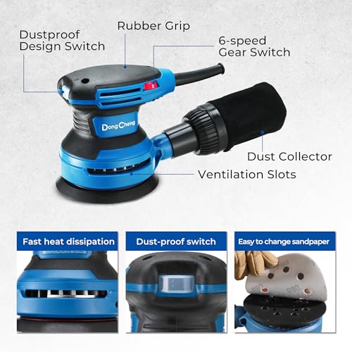 Dong Cheng 5-Inch Random Orbital Sander 3.2A 12800OPM Electric Palm Sander, 6 Variable Speeds, with 20pcs Sandpaper & Detachable Dust Bag, Power Sander for Woodworking, Sanding & Polishing - style: 380W Random Orbital Sander & Tool bag