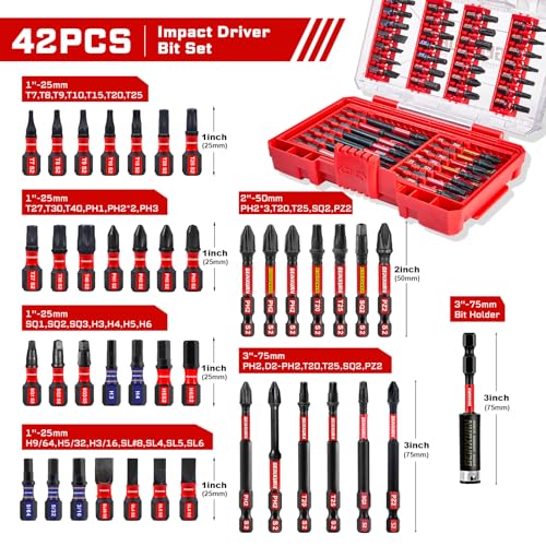 Geinxurn 42Pieces Impact Screwdriver Bits Set, Magnetic S2 Steel Phillips/Slotted/Square/Torx Insert Power Bits Tips, Impact Bit Holder with Red Storage Box Case - style: STKB042-RD