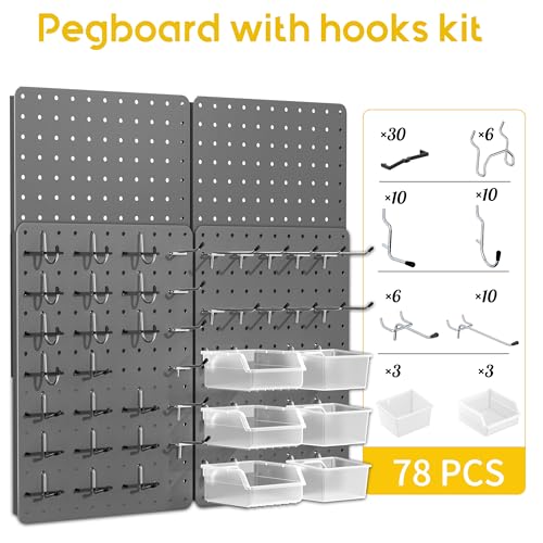 Steel Pegboard Tool Wall Organizer, 4 Pack 14.76 x 10.82 in, 6 Bins, Gray - color: Gun Gray, size: 14.76"x10.82"- 4 Pcs