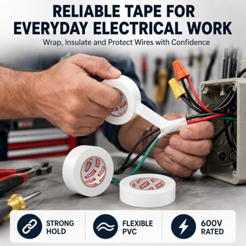 SWRT White Electrical Tape, 6 Pack, 0.7 in x 66 FT, Vinyl Tape - color: White