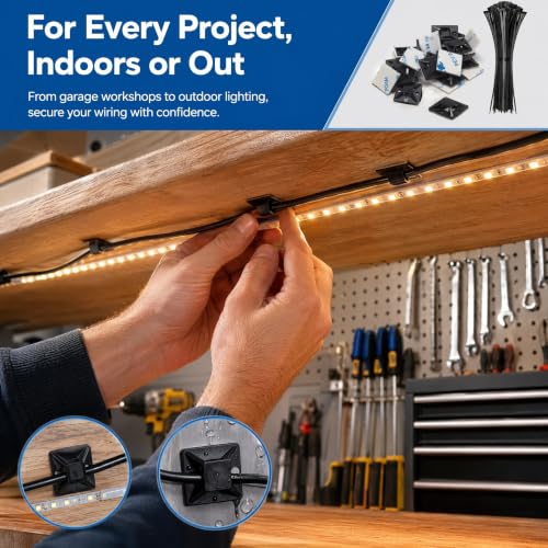 100PCS 3/4" Self Adhesive Black Cable Zip Tie Mounts