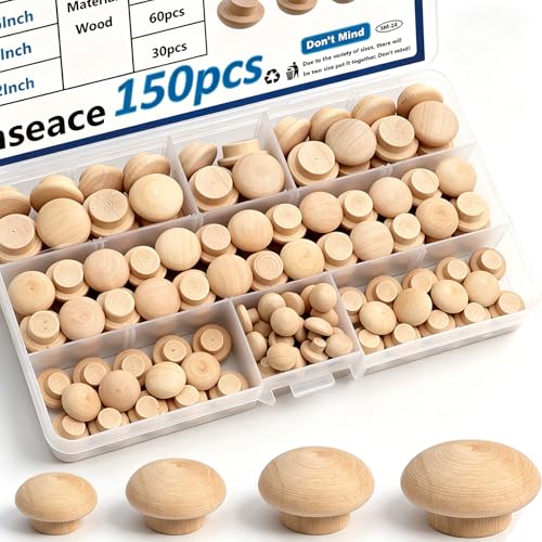 smseace 150Pcs 4-Sizes Button Wood Plugs 3/16" 5/16"，3/8"，1/2" Wooden Hole Plugs for Holes in Furniture/Table and Chair Legs/Cabinet Reserved Holes/Outdoor Equipment Wood Plugs Assortment Kit - style: Button Wood Plugs