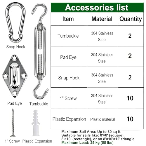 YOFIT 26 Pcs Shade Sail Hardware Kit 4 Inch Stainless Steel Turnbuckles for Sun Shade Sail Outdoor Patio Canopy Installation Accessories for Triangle Rectangle Shade - size: 4 inch 26 pcs