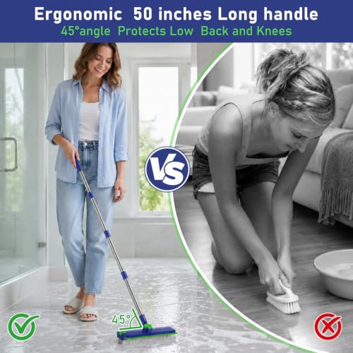 Floor Scrub Brush with Long Handle & Squeegee for Bathroom - color: Blue