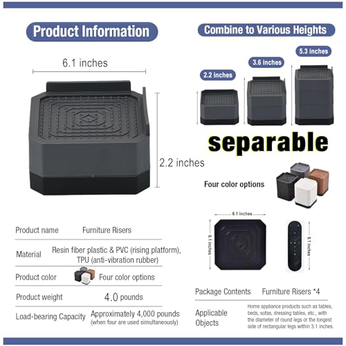 EclatBain Adjustable Bed Risers 3.6&5.3 Inch, 4000 lbs, 4 Large Pack Black - color: Square-4 Pack-black, size: Lg 1 Layer(2.2inch)