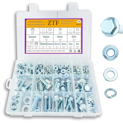 ZTF 300pcs Metric Flange Bolts and Nuts Assortment Kit, Heavy Duty Metric Machine Screws Nuts Washers, 10 Most Common Sizes Zinc Alloy Steel Grade 10.9 (Flange M6 M8 M10 Kit) - style: silver-M6 M8 M10 Flange Bolts