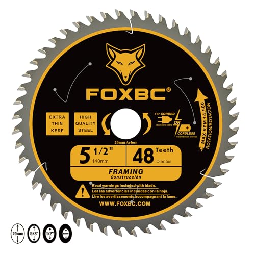 FOXBC 5-1/2" Circular Saw Blade 24T 48T Fast Framing for Wood Cutting, 20mm Arbor with 10mm, 1/2", 5/8” Bushings - 2 Pack