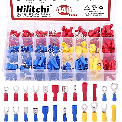 Hilitchi 440Pcs 22-16/16-14/12-10 Gauge Electrical Insulated Ring Bullet Butt Spade Fork Splice Crimp Wire Terminals Connectors Assorted Kit