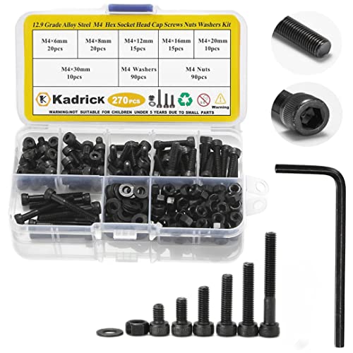 Kadrick Metric Screws Assortment,270 Pcs M4 Screw Kit,Hex Socket Head Cap Bolts, M4*6mm/8mm/12mm/16mm/20mm/30mm Screws Nuts and Washers, 12.9 Grade Alloy Steel,Black Zinc Plated,Anti Rust Upgrade - size: M4 270Pcs