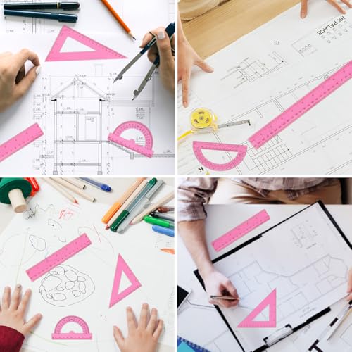Plastic Clear Ruler Math Set, 6" | 12" Straight Ruler Protractor, 2 Protractors 180 Degree 2 Triangle Rulers 45 | 60 Degree 2 Straight Rulers Measuring Tool for School Office Home Supplie,Pink - color: Pink