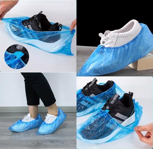 200 Pack Shoe Covers Disposable Non Slip, Premium Waterproof and Recyclable Shoe Booties Covers for Indoors, Fits Up To 11 US Men and 13 US Women Size, 100 Pairs Elastic Caps Plastic Shoe Covers Blue.