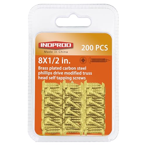 INDOROD #8 x 1/2" Truss Head Phillips Wood Screw (200 Pack), Brass Plated Screws, Self Tapping Wood Screws, Modified Truss Head, Brass Screws for Wood, 8 x 1/2 Inch, Gold - size: #8 x 1/2"