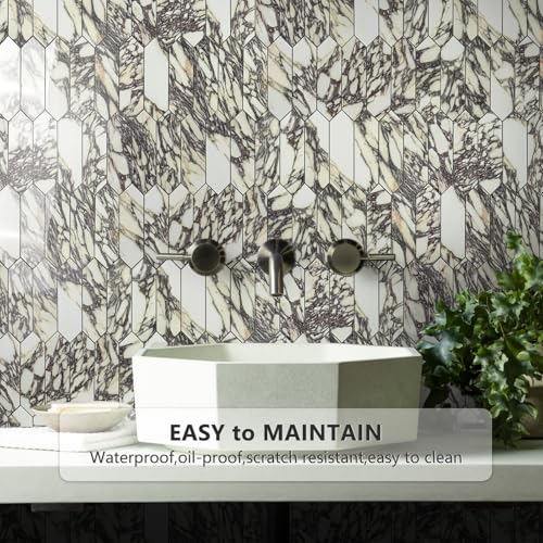 Vamos Tile Glossy Marble Purple Backsplash Tile Peel and Stick, 12.8 x 12.8 Inch 10 Sheets Long Hexagon PVC Self Adhesive Mosaic Wall Tiles Stick on Backsplash for Kitchen and Bathroom - color: Glossy Marble Purple