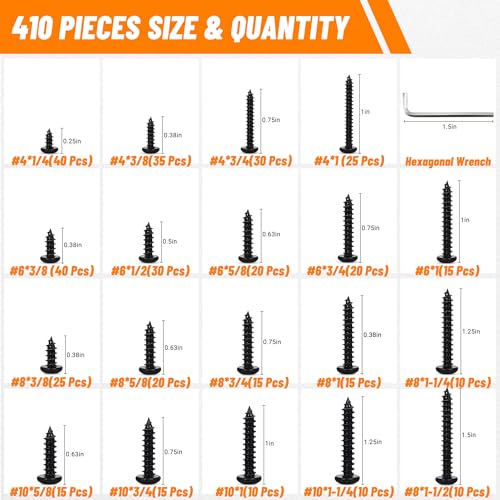 410 PSC Stainless Steel Black Screw Assortment Kit - #4#6#8#10 Phillips Pan Head, Self-Tapping for Wood & Metal - size: 410PCS Black