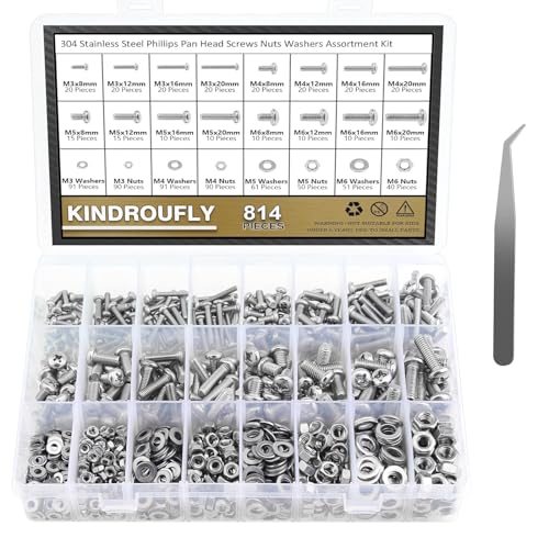 814 Pieces Phillips Pan Head Machine Screws Nuts Washers Kit, Kindroufly M3 M4 M5 M6 Screw Assortment Kit, Metric Screw Set, Bolts and Nuts, Machine Screws, 304 Stainless Steel, Fully Machine Thread - size: M3/M4/M5/M6, style: Phillips Pan Head