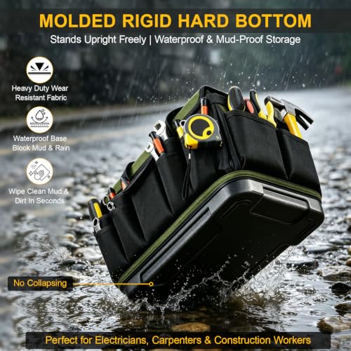 18-Inch Heavy Duty Tool Bag, 45-Pocket Large Capacity Tool Organizer with Hard Base & Waterproof Pocket, Tear-Resistant Electrician Tool Tote for HVAC, Mechanic, Carpenter