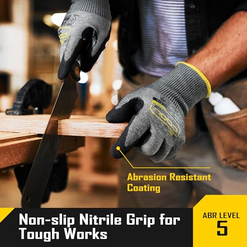 COOLJOB ANSI A5 Cut Resistant Gloves - 1/3/12 Pairs, Nitrile Rubber Dipped Safety Work Gloves for Men, Knife Proof with Grip Coating for Construction Warehouse Glass Wood Work, Grey Medium - size: Medium, style: A5 Pack of 1