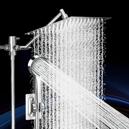 Shower Head, Rain Shower Head with Handheld Spray Combo, 10 Inch Adjustable High Pressure Rainfall Shower Head, Dual Showerhead Set with Extension Arm and 60 Inch Long Shower Hose (Silver) - color: Silver, size: 10 Inch