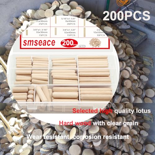 smseace Wooden Dowel Pins with Tapered End with Bevel Angle Groove Wood Pegs - 9 Sizes 6/25inch 5/16inch 3/8inch(6mm, 8mm, 10mm) Used for Crafts, Furniture, Door, DIY - size: 200Pcs - 9 Sizes
