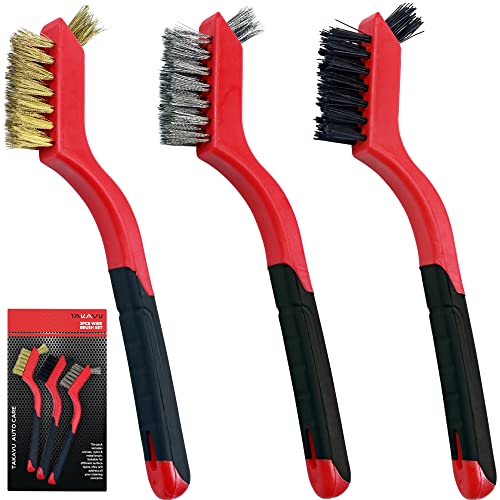 TAKAVU Small Wire Brush Set, 3-Pcs Stainless Steel, Brass & Nylon Bristles