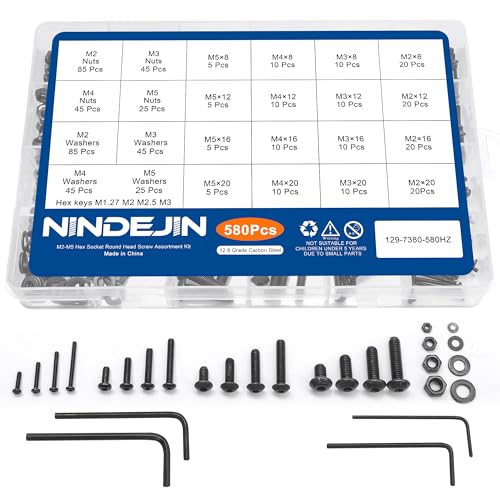 NINDEJIN 580pcs M2 M3 M4 M5 Hex Socket Cap Screws Set, 8 12 16 20mm Screw Bolts and Nuts Assortment Kit, 304 Stainless Steel Metric Hex Socket Screws and Nuts and Flat Wahser Set, Fully Machine Thread - size: 580Pcs M2-M5 8mm-20mm