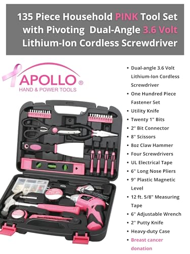 Apollo Tools 135 Piece Household Tool Set, Pink DT0773N1 - color: Pink, size: 135-Piece