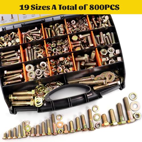 800PCS 1/4-20, 5/16-18, 3/8-16, 1/2-13 Hex Bolts & Nut Assortment Kit - size: 1/4-20 5/16-18 3/8-16 1/2-13 800pcs