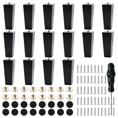 Set of 16 Black 6 Inch Square Solid Wood Furniture Legs Wooden Replacement Feet for Sofa Legs Replacement, Couch Feet Replacement, Chair, Bed, Includes M8 Iron Washers, Screws, Felt Pads & Screwdriver - size: 6 Inch