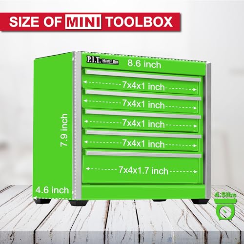 P.I.T. Mini Tool Box,Small Metal Toolbox Organizer with 5 Drawers,Green | 8.6"W X 4.6"D Cute Size,Q235 Steel,Magnetic Locking Mechanism,PVC Drawer Liners - color: Green, size: 5-Drawer