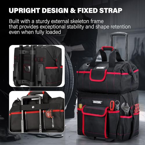 HAUTMEC 2-Piece Rolling Tool Bag Set, 15" Wheeled Tool Bag & Wide Mouth Tool Tote, Heavy-Duty Tool Storage Organizer with Durable Off-Road Wheel, Steel Telescoping Handle & Shoulder Strap – HT0288 - style: 2-Pcs Set | Black