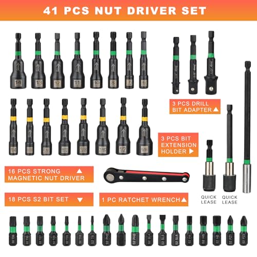 AEROFORCE 41 PCS Magnetic Nut Driver Set, Impact Drill Driver Bit 1/4" Hex Shank, SAE & Metric Cr-V Steel Power Nut Drivers with Quick-release Extensions, Impact Socket Adapters, Bit Holder - size: 41PCS Magnetic Nut Driver Set