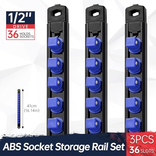 Reniteco Magnetic Socket Organizer, 3-Piece 1/2-Inch Drive ABS Sockets Rail, Heavy Duty Sockets Holder, Socket Rack Kit 1/2-Inch x 42 Clips - color: Blue, size: 3 Pcs 1/2" DR