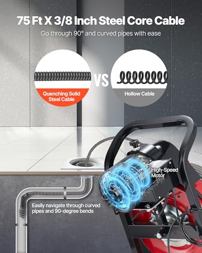 VEVOR Drain Cleaner Machine 75 FT x 3/8 Inch Sewer Snake Auger Manual Feed - style: 75 FT x 3/8''
