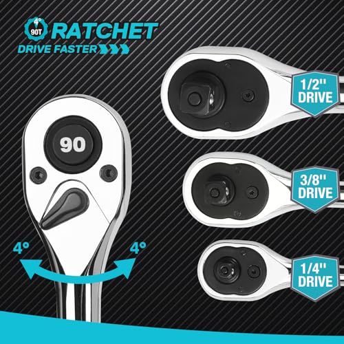DURATECH 3-Piece Drive Ratchet, 90-Tooth Quick-Release Ratchet Wrench - size: Combo Kit (Plastic Tray)