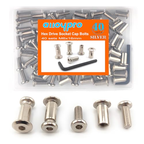 M6 x 5/8" Hex Drive Socket Cap Bolts Screws Kit,ALLOYPRO 40-Sets Binding Post Screws Socket Cover Connecting Bolt Fixing Post Screw for Furniture Chair Crib Table Cabinets,M6x16mm - color: Silver, size: Silver-M6*16mm-40sets