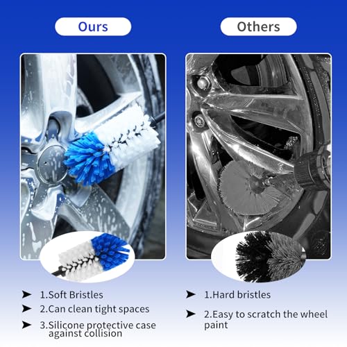 Wheel Brush, Soft Drill Wheel Cleaner Brush, Drill Brush for Car Wheel, No Scratches Highly Dense and Durable Car Wheel Brush Rim Tire Car Cleaning Brush for Wheels, Rims, Engines, Exhaust - color: Blue+white
