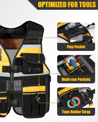 Electrician Tool Vest for Men, Carpenter Safety Work Vest - color: Black With Yellow
