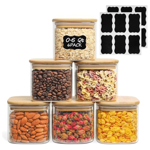 ComSaf Square Glass Containers with Lids 0.6 Qt, Set of 6 Small Glass Jars | Small Glass Canisters, Spice Jar, Pantry Organization, Snack, Cookie, Coffee Bar Organization, Size For Subpackage, BPA Free - size: 0.6Qt*6
